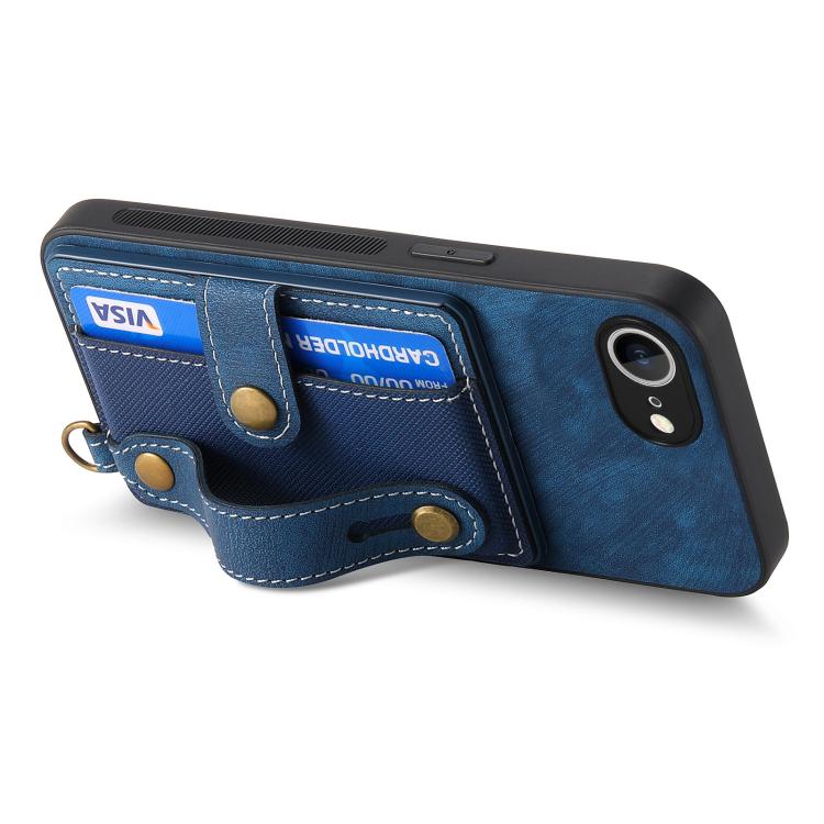 For iPhone 16e Retro Cross Wristband Wallet Leather Back Phone Case(Blue) - iPhone 16e Cases by buy2fix | Online Shopping UK | buy2fix
