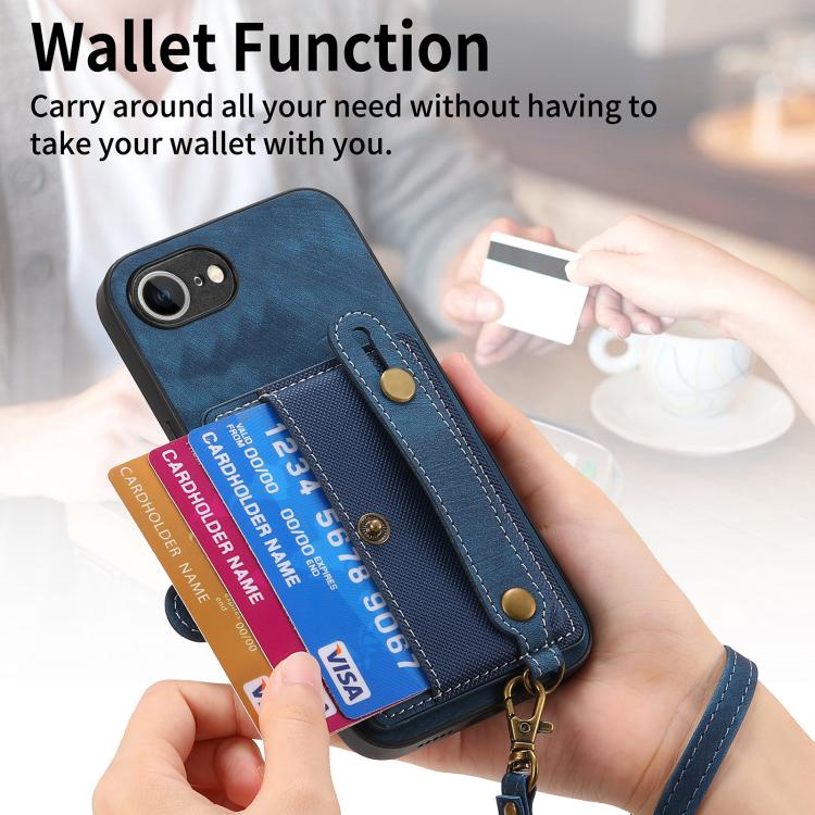 For iPhone 16e Retro Cross Wristband Wallet Leather Back Phone Case(Blue) - iPhone 16e Cases by buy2fix | Online Shopping UK | buy2fix