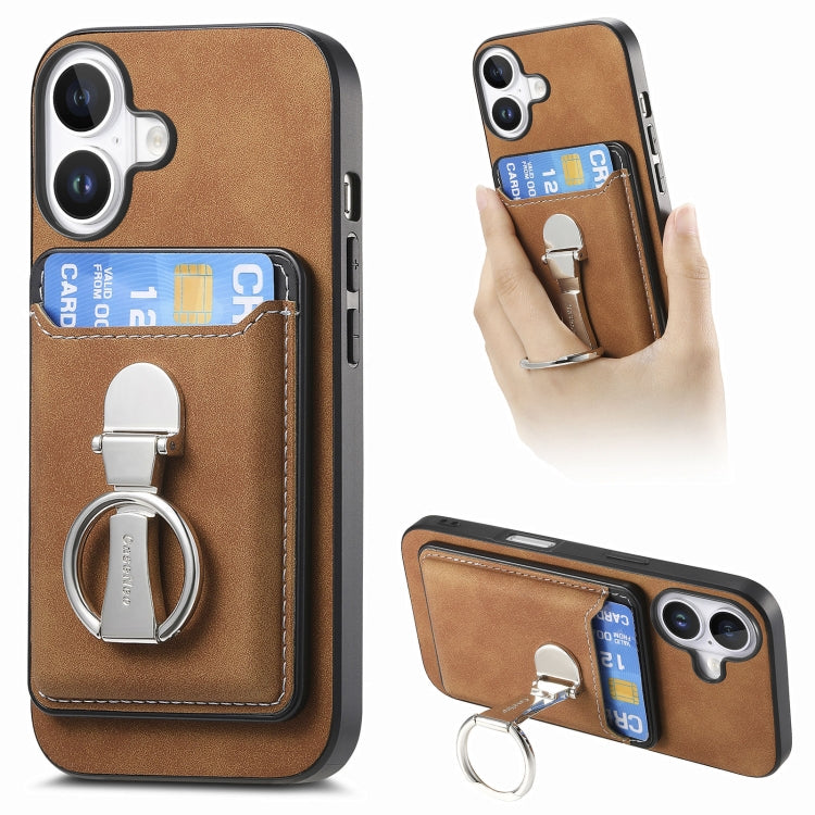 For iPhone 16 Retro Folding Ring Holder Card Bag MagSafe Phone Case(Brown) - iPhone 16 Cases by buy2fix | Online Shopping UK | buy2fix