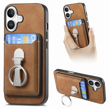 For iPhone 16 Retro Folding Ring Holder Card Bag MagSafe Phone Case(Brown) - iPhone 16 Cases by buy2fix | Online Shopping UK | buy2fix