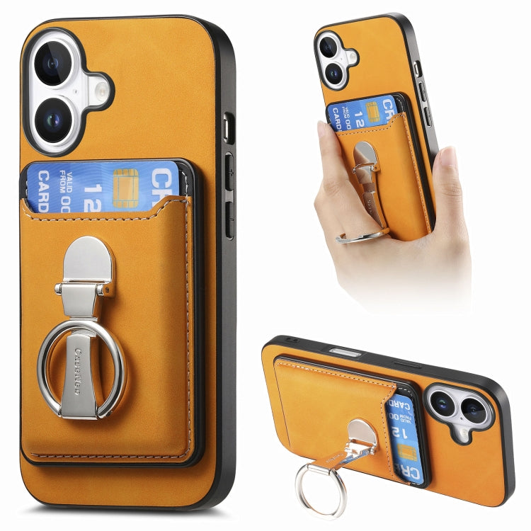 For iPhone 16 Retro Folding Ring Holder Card Bag MagSafe Phone Case(Yellow) - iPhone 16 Cases by buy2fix | Online Shopping UK | buy2fix