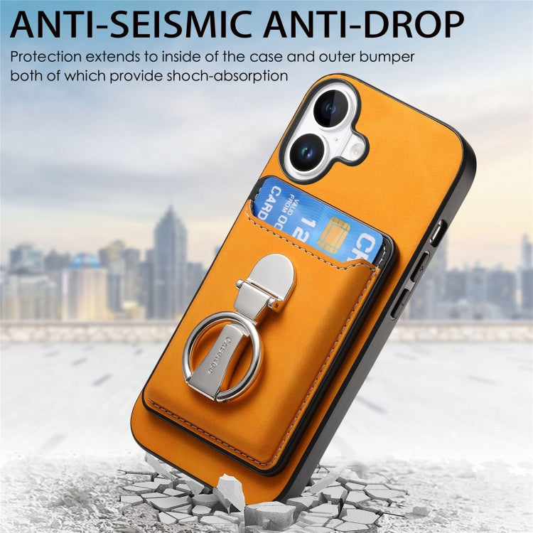For iPhone 16 Retro Folding Ring Holder Card Bag MagSafe Phone Case(Yellow) - iPhone 16 Cases by buy2fix | Online Shopping UK | buy2fix