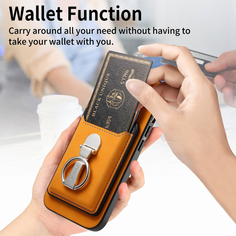 For iPhone 16 Retro Folding Ring Holder Card Bag MagSafe Phone Case(Yellow) - iPhone 16 Cases by buy2fix | Online Shopping UK | buy2fix