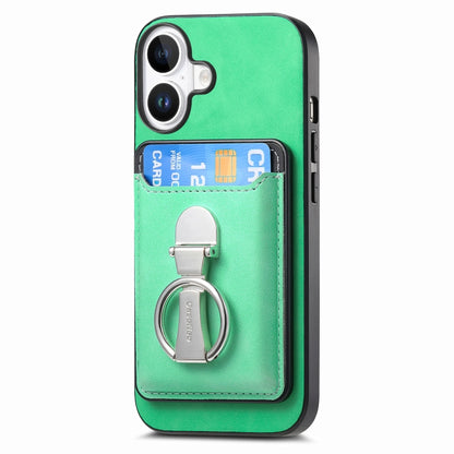 For iPhone 16 Retro Folding Ring Holder Card Bag MagSafe Phone Case(Green) - iPhone 16 Cases by buy2fix | Online Shopping UK | buy2fix