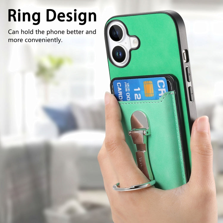 For iPhone 16 Retro Folding Ring Holder Card Bag MagSafe Phone Case(Green) - iPhone 16 Cases by buy2fix | Online Shopping UK | buy2fix