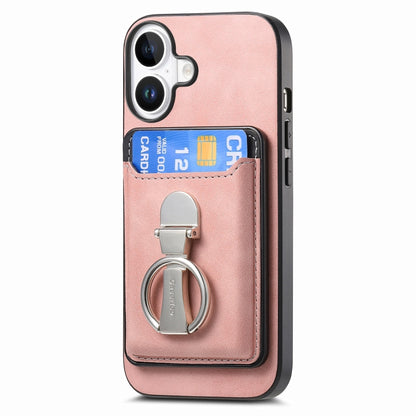 For iPhone 16 Retro Folding Ring Holder Card Bag MagSafe Phone Case(Pink) - iPhone 16 Cases by buy2fix | Online Shopping UK | buy2fix