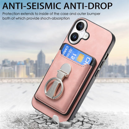 For iPhone 16 Retro Folding Ring Holder Card Bag MagSafe Phone Case(Pink) - iPhone 16 Cases by buy2fix | Online Shopping UK | buy2fix