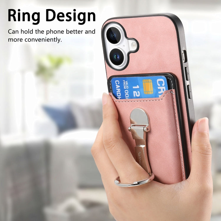 For iPhone 16 Retro Folding Ring Holder Card Bag MagSafe Phone Case(Pink) - iPhone 16 Cases by buy2fix | Online Shopping UK | buy2fix