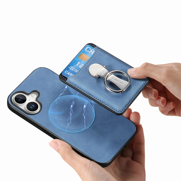 For iPhone 16 Retro Folding Ring Holder Card Bag MagSafe Phone Case(Blue) - iPhone 16 Cases by buy2fix | Online Shopping UK | buy2fix