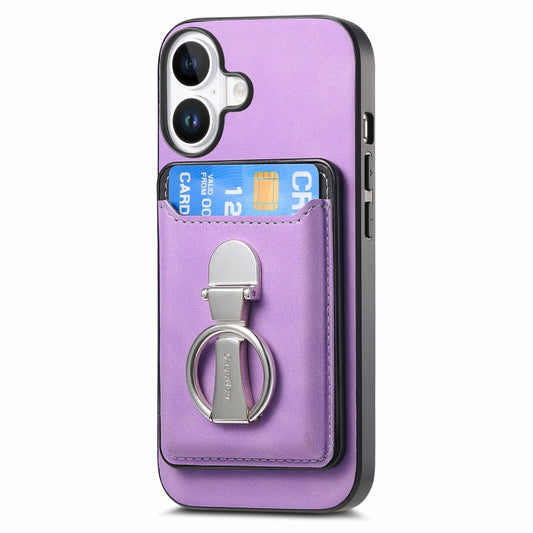 For iPhone 16 Plus Retro Folding Ring Holder Card Bag MagSafe Phone Case(Purple) - iPhone 16 Plus Cases by buy2fix | Online Shopping UK | buy2fix