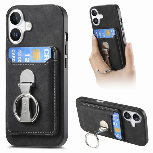 For iPhone 16 Plus Retro Folding Ring Holder Card Bag MagSafe Phone Case(Black) - iPhone 16 Plus Cases by buy2fix | Online Shopping UK | buy2fix