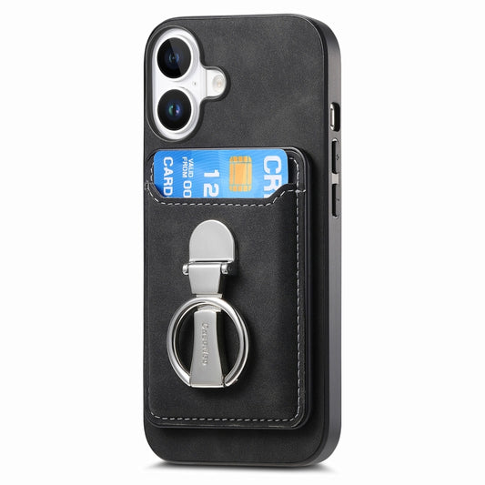 For iPhone 16 Plus Retro Folding Ring Holder Card Bag MagSafe Phone Case(Black) - iPhone 16 Plus Cases by buy2fix | Online Shopping UK | buy2fix