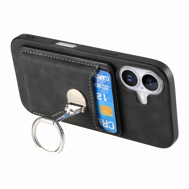 For iPhone 16 Plus Retro Folding Ring Holder Card Bag MagSafe Phone Case(Black) - iPhone 16 Plus Cases by buy2fix | Online Shopping UK | buy2fix