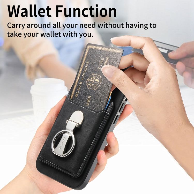 For iPhone 16 Plus Retro Folding Ring Holder Card Bag MagSafe Phone Case(Black) - iPhone 16 Plus Cases by buy2fix | Online Shopping UK | buy2fix