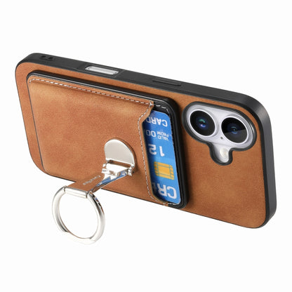 For iPhone 16 Plus Retro Folding Ring Holder Card Bag MagSafe Phone Case(Brown) - iPhone 16 Plus Cases by buy2fix | Online Shopping UK | buy2fix