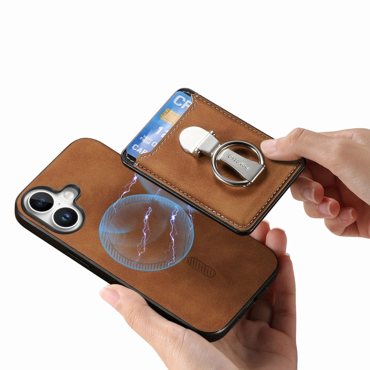 For iPhone 16 Plus Retro Folding Ring Holder Card Bag MagSafe Phone Case(Brown) - iPhone 16 Plus Cases by buy2fix | Online Shopping UK | buy2fix