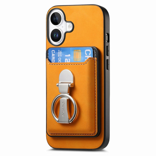 For iPhone 16 Plus Retro Folding Ring Holder Card Bag MagSafe Phone Case(Yellow) - iPhone 16 Plus Cases by buy2fix | Online Shopping UK | buy2fix