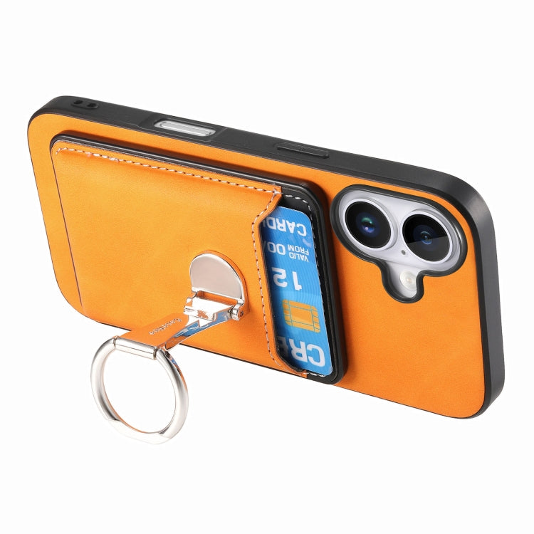 For iPhone 16 Plus Retro Folding Ring Holder Card Bag MagSafe Phone Case(Yellow) - iPhone 16 Plus Cases by buy2fix | Online Shopping UK | buy2fix