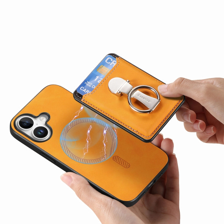 For iPhone 16 Plus Retro Folding Ring Holder Card Bag MagSafe Phone Case(Yellow) - iPhone 16 Plus Cases by buy2fix | Online Shopping UK | buy2fix
