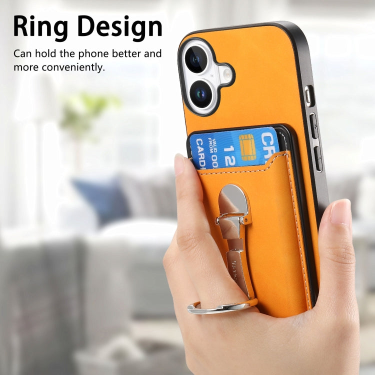 For iPhone 16 Plus Retro Folding Ring Holder Card Bag MagSafe Phone Case(Yellow) - iPhone 16 Plus Cases by buy2fix | Online Shopping UK | buy2fix
