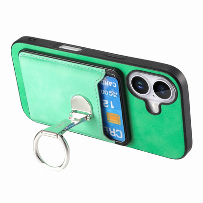 For iPhone 16 Plus Retro Folding Ring Holder Card Bag MagSafe Phone Case(Green) - iPhone 16 Plus Cases by buy2fix | Online Shopping UK | buy2fix