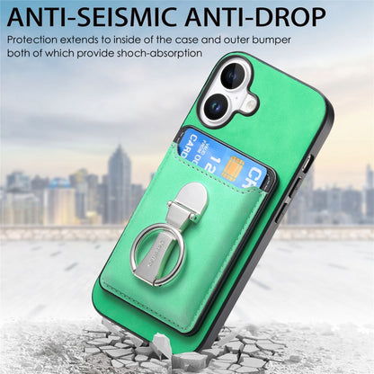 For iPhone 16 Plus Retro Folding Ring Holder Card Bag MagSafe Phone Case(Green) - iPhone 16 Plus Cases by buy2fix | Online Shopping UK | buy2fix
