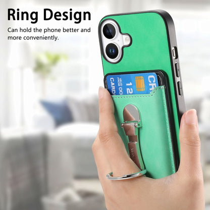 For iPhone 16 Plus Retro Folding Ring Holder Card Bag MagSafe Phone Case(Green) - iPhone 16 Plus Cases by buy2fix | Online Shopping UK | buy2fix