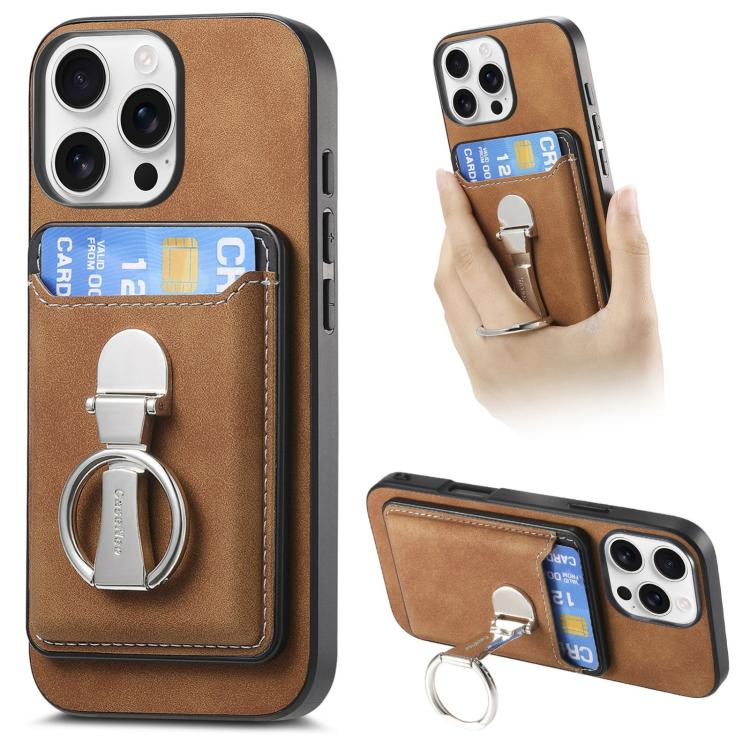 For iPhone 16 Pro Retro Folding Ring Holder Card Bag MagSafe Phone Case(Brown) by buy2fix