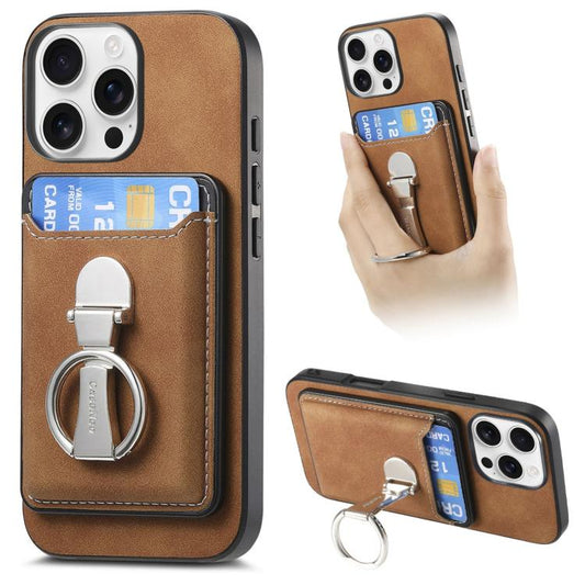 For iPhone 16 Pro Retro Folding Ring Holder Card Bag MagSafe Phone Case(Brown) by buy2fix