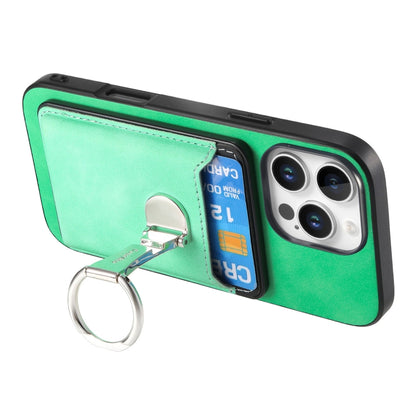 For iPhone 16 Pro Retro Folding Ring Holder Card Bag MagSafe Phone Case(Green) - iPhone 16 Pro Cases by buy2fix | Online Shopping UK | buy2fix