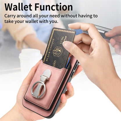 For iPhone 16 Pro Retro Folding Ring Holder Card Bag MagSafe Phone Case(Pink) - iPhone 16 Pro Cases by buy2fix | Online Shopping UK | buy2fix