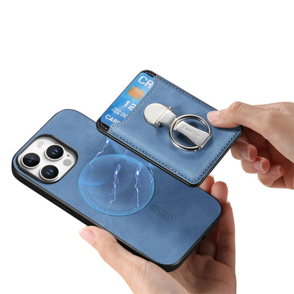 For iPhone 16 Pro Retro Folding Ring Holder Card Bag MagSafe Phone Case(Blue) - iPhone 16 Pro Cases by buy2fix | Online Shopping UK | buy2fix