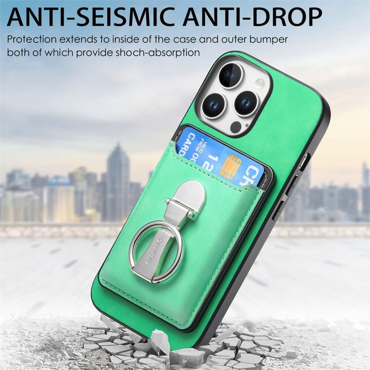 For iPhone 16 Pro Max Retro Folding Ring Holder Card Bag MagSafe Phone Case(Green) - iPhone 16 Pro Max Cases by buy2fix | Online Shopping UK | buy2fix