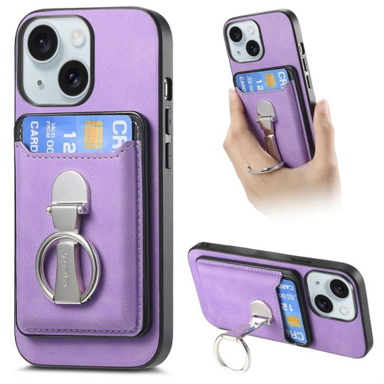 For iPhone 15 Retro Folding Ring Holder Card Bag MagSafe Phone Case(Purple)