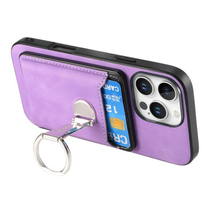 For iPhone 15 Retro Folding Ring Holder Card Bag MagSafe Phone Case(Purple) - iPhone 15 Cases by buy2fix | Online Shopping UK | buy2fix