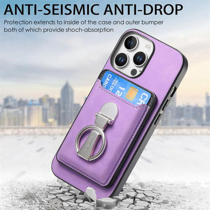 For iPhone 15 Retro Folding Ring Holder Card Bag MagSafe Phone Case(Purple) - iPhone 15 Cases by buy2fix | Online Shopping UK | buy2fix