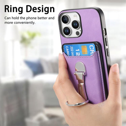 For iPhone 15 Retro Folding Ring Holder Card Bag MagSafe Phone Case(Purple) - iPhone 15 Cases by buy2fix | Online Shopping UK | buy2fix