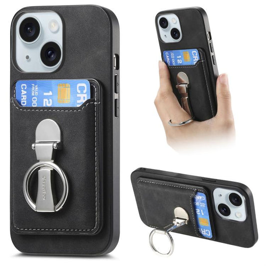 For iPhone 15 Retro Folding Ring Holder Card Bag MagSafe Phone Case(Black) - iPhone 15 Cases by buy2fix | Online Shopping UK | buy2fix