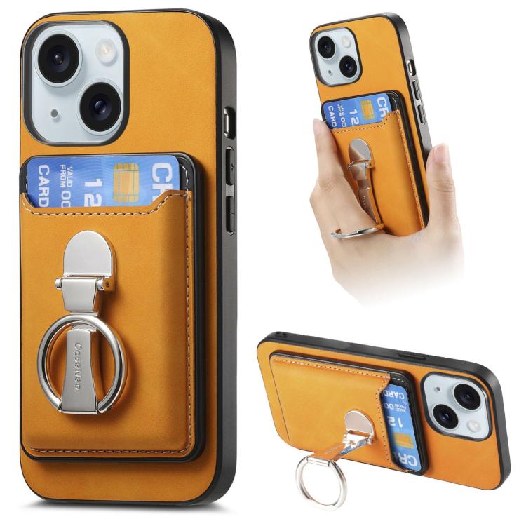 For iPhone 15 Retro Folding Ring Holder Card Bag MagSafe Phone Case(Yellow) - iPhone 15 Cases by buy2fix | Online Shopping UK | buy2fix