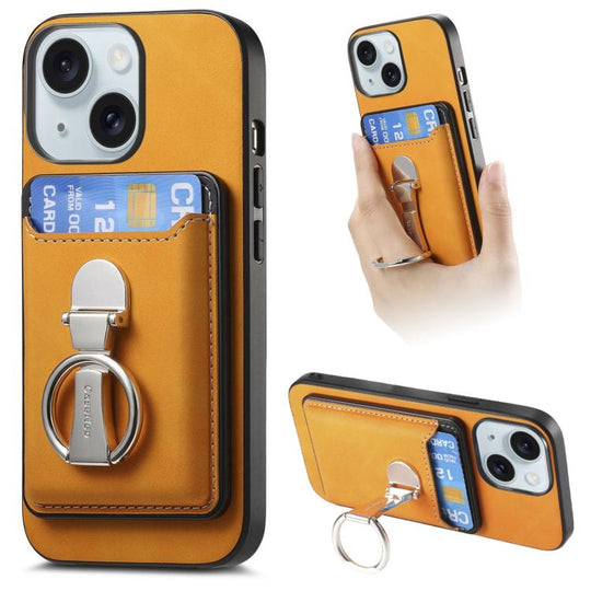 For iPhone 15 Retro Folding Ring Holder Card Bag MagSafe Phone Case(Yellow)