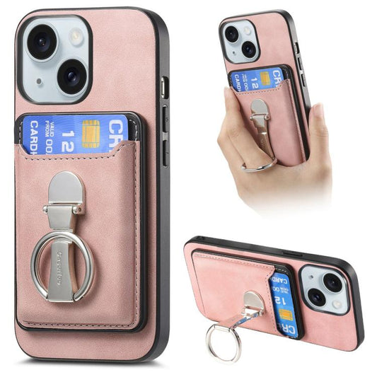 For iPhone 15 Retro Folding Ring Holder Card Bag MagSafe Phone Case(Pink) - iPhone 15 Cases by buy2fix | Online Shopping UK | buy2fix