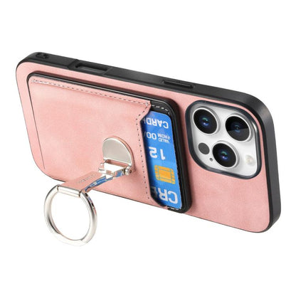 For iPhone 15 Retro Folding Ring Holder Card Bag MagSafe Phone Case(Pink) - iPhone 15 Cases by buy2fix | Online Shopping UK | buy2fix