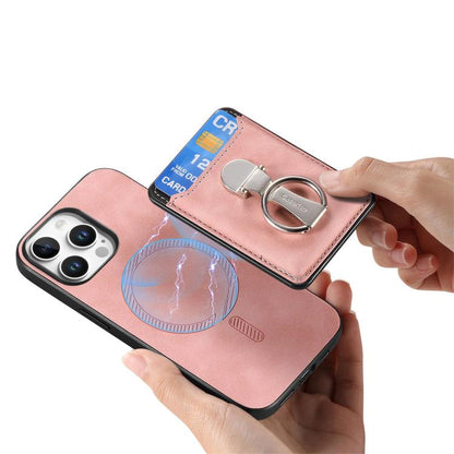 For iPhone 15 Retro Folding Ring Holder Card Bag MagSafe Phone Case(Pink) - iPhone 15 Cases by buy2fix | Online Shopping UK | buy2fix