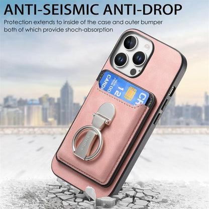 For iPhone 15 Retro Folding Ring Holder Card Bag MagSafe Phone Case(Pink) - iPhone 15 Cases by buy2fix | Online Shopping UK | buy2fix