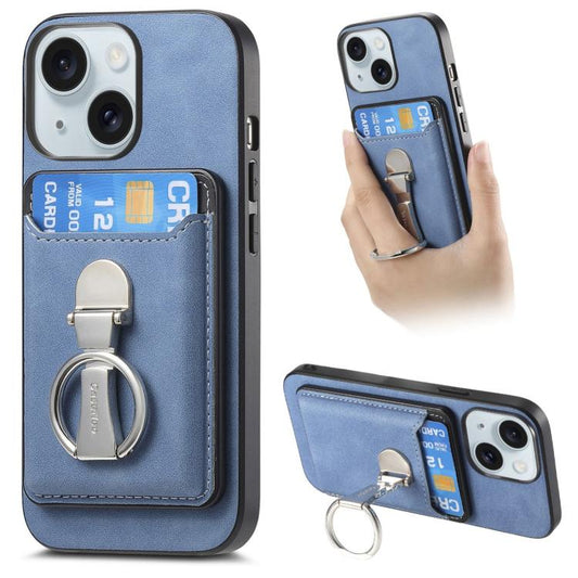 For iPhone 15 Retro Folding Ring Holder Card Bag MagSafe Phone Case(Blue) - iPhone 15 Cases by buy2fix | Online Shopping UK | buy2fix