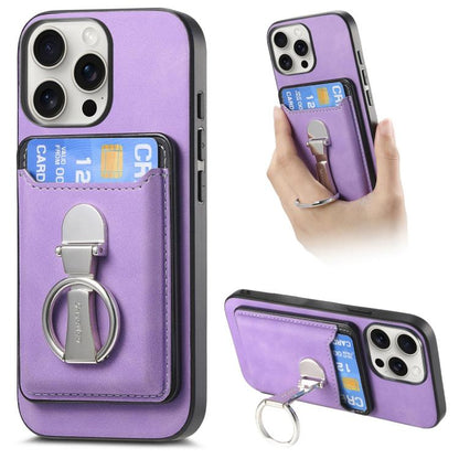 For iPhone 15 Pro Retro Folding Ring Holder Card Bag MagSafe Phone Case(Purple) - iPhone 15 Pro Cases by buy2fix | Online Shopping UK | buy2fix