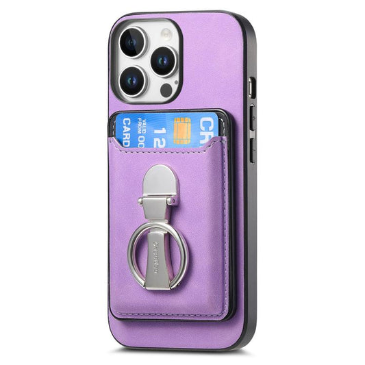 For iPhone 15 Pro Retro Folding Ring Holder Card Bag MagSafe Phone Case(Purple) - iPhone 15 Pro Cases by buy2fix | Online Shopping UK | buy2fix