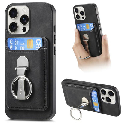 For iPhone 15 Pro Retro Folding Ring Holder Card Bag MagSafe Phone Case(Black) - iPhone 15 Pro Cases by buy2fix | Online Shopping UK | buy2fix