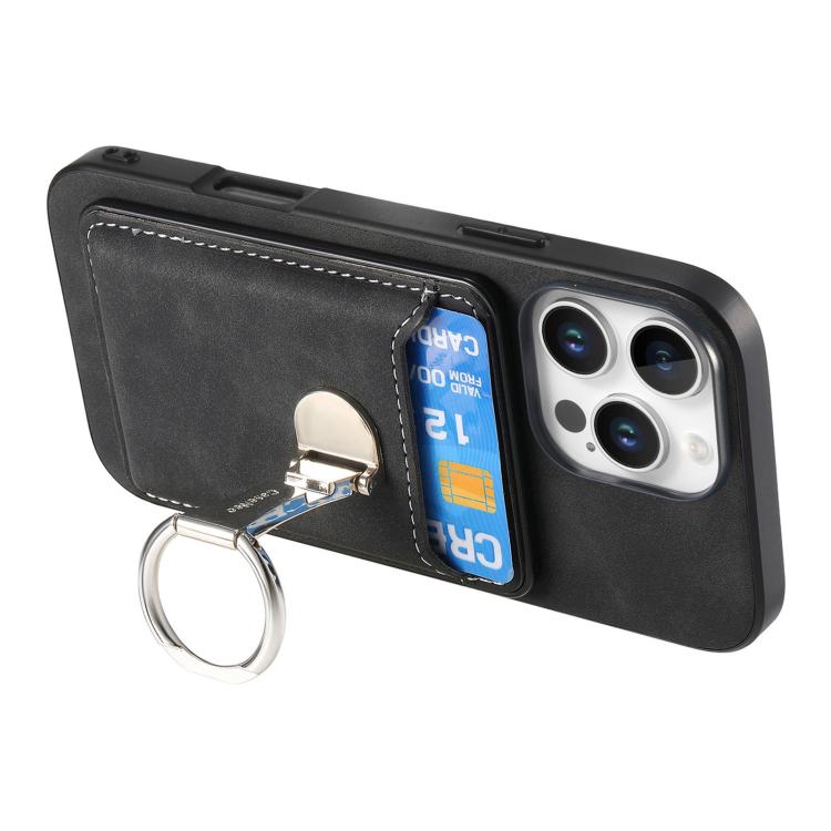 For iPhone 15 Pro Retro Folding Ring Holder Card Bag MagSafe Phone Case(Black) - iPhone 15 Pro Cases by buy2fix | Online Shopping UK | buy2fix