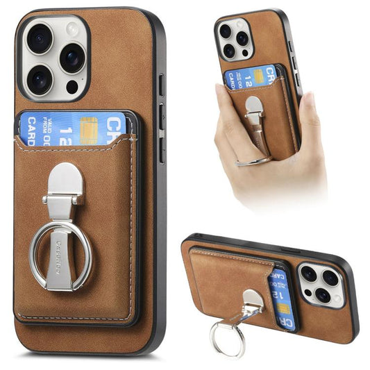 For iPhone 15 Pro Retro Folding Ring Holder Card Bag MagSafe Phone Case(Brown) - iPhone 15 Pro Cases by buy2fix | Online Shopping UK | buy2fix